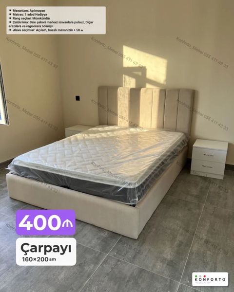 Çarpayı – 160×200 sm - Yumşaq başlıqla, parça üzlü modern dizayn — Bakı
