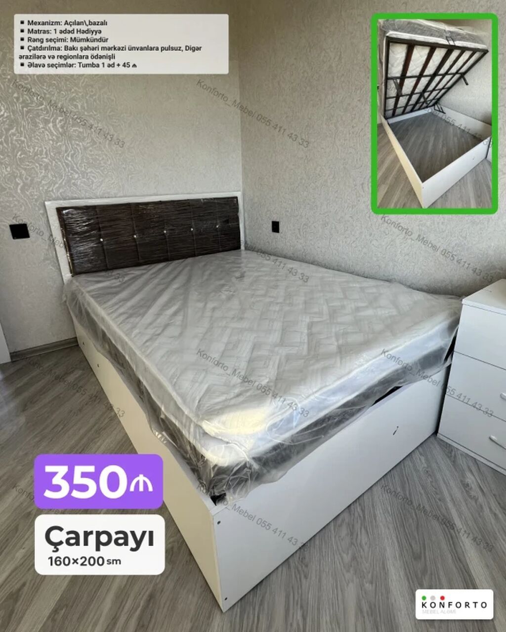Çarpayı – 160×200 sm - Mexanizm: açılan, bazalı (yuxarı qalxan əsaslı — Yataqlar, Bakı