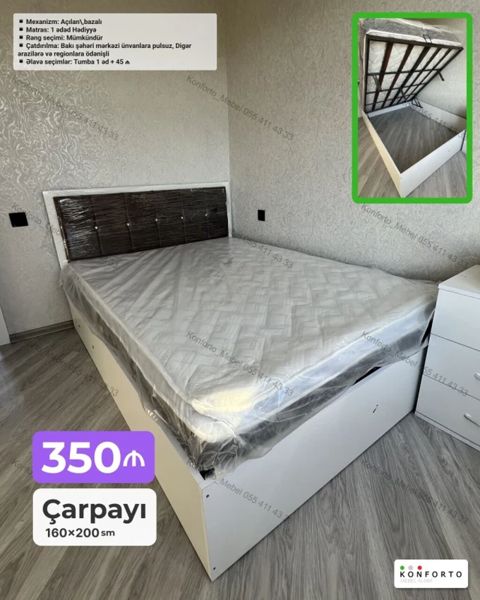 Çarpayı – 160×200 sm - Mexanizm: açılan, bazalı (yuxarı qalxan əsaslı — Bakı