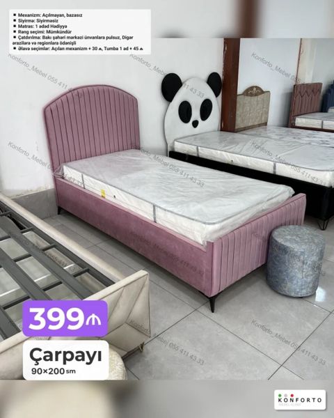 Çarpayı – 90×200 sm - Model: Yumşaq başlıqlı, zolaqlı dizaynlı, metal — Bakı