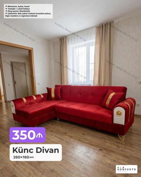 Künc divan – 260×160 sm - Mexanizm: açılan, bazalı (yuxarı qaldırılan — Bakı