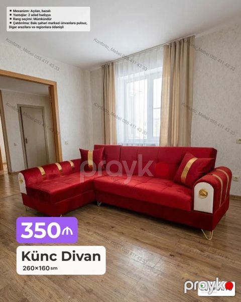 Künc divan – 260×160 sm - Mexanizm: açılan, bazalı (yuxarı qaldırılan