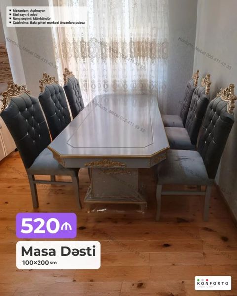 Masa Dəsti – 100×200 sm - Klassik dizaynlı yemək masasının komplekti — Bakı