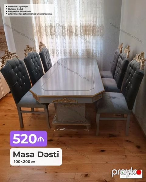 Masa Dəsti – 100×200 sm - Klassik dizaynlı yemək masasının komplekti — Bakı