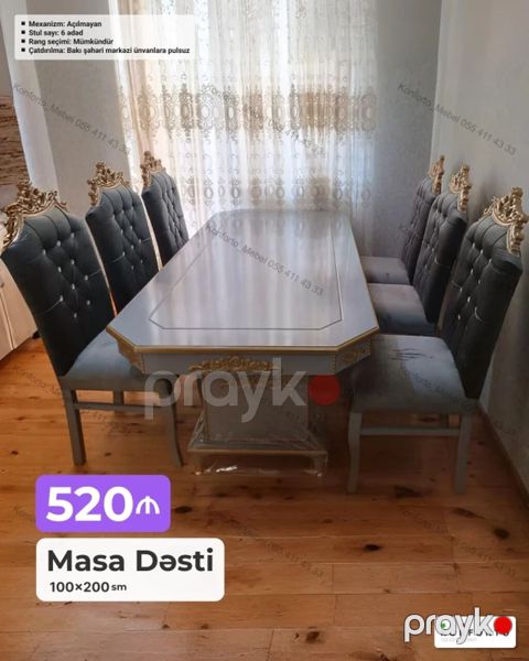 Masa Dəsti – 100×200 sm - Klassik dizaynlı yemək masasının komplekti — Bakı