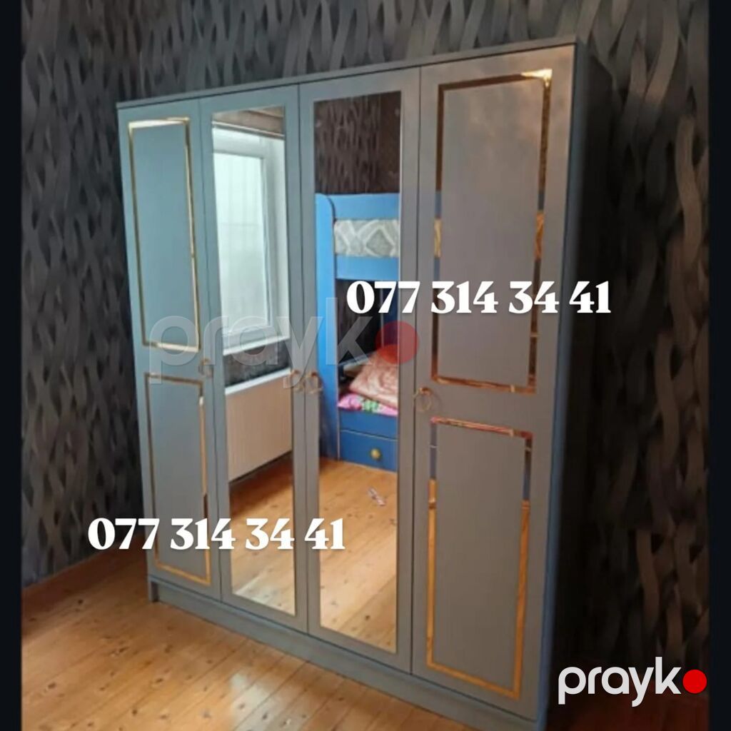 Dördkapılı paltar dolabı – güzgülü və zərif qızılı haşiyəli dizayn — Şkaflar, Bakı (3)