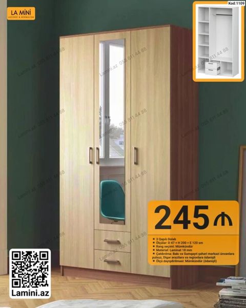 Məhsul: 3 qapılı dolab (Kod: 1109) Xüsusiyyətlər: - Ölçülər: dərinlik — Bakı