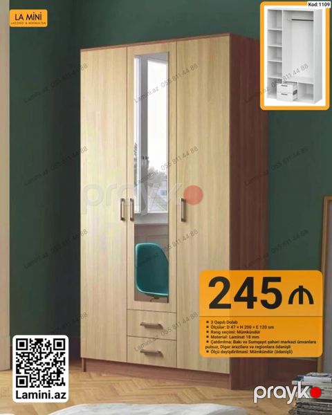 Məhsul: 3 qapılı dolab (Kod: 1109) Xüsusiyyətlər: - Ölçülər: dərinlik — Bakı