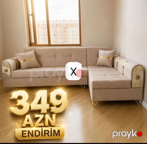 Künc divan – bej rəngdə, qızılı detallar və naxışlı yan panellər ilə — Bakı