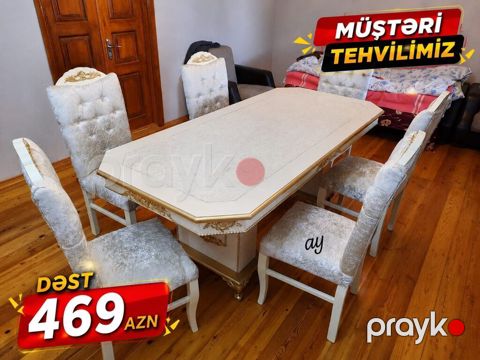 Klassik üslubda yemək otağı dəsti - Dəst: 1 masa + 6 stul - Rəng — Bakı