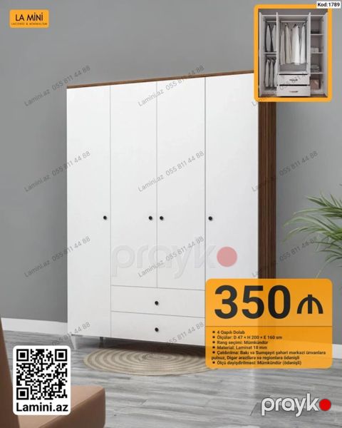 4 qapılı dolab – Kod: 1789 - Ölçülər: D 47 H 200 E 160 sm - Rəng — Bakı