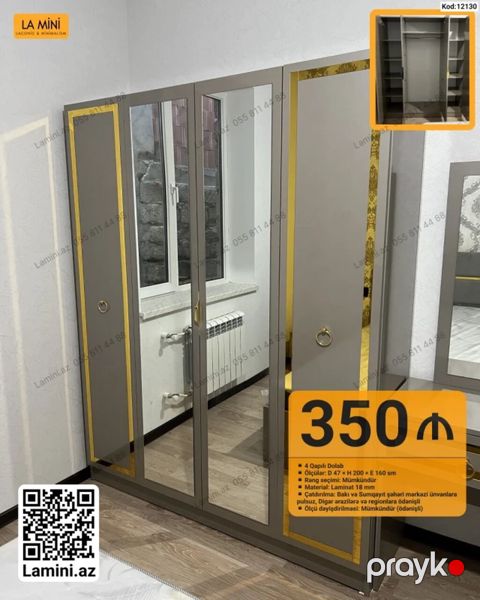 4 qapılı dolab – Kod: 12130 - Ölçülər: D 47 H 200 E 160 sm - Rəng — Bakı