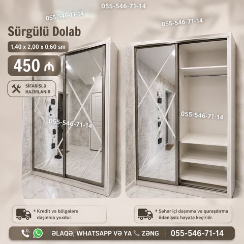 Sürgülü Dolab Ölçü: 1,40 x 2,00 x 0,60 m Qiymət: 450 — Bakı