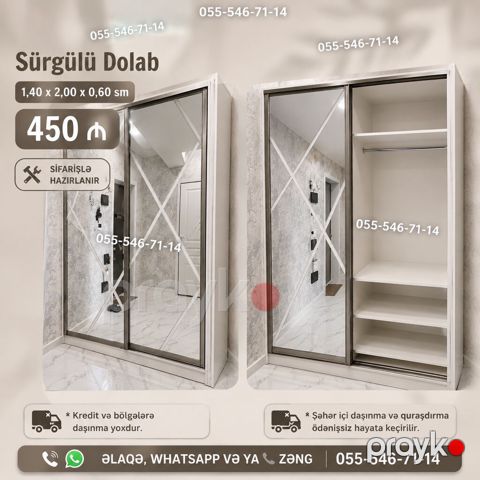Sürgülü Dolab Ölçü: 1,40 x 2,00 x 0,60 m Qiymət: 450 — Bakı