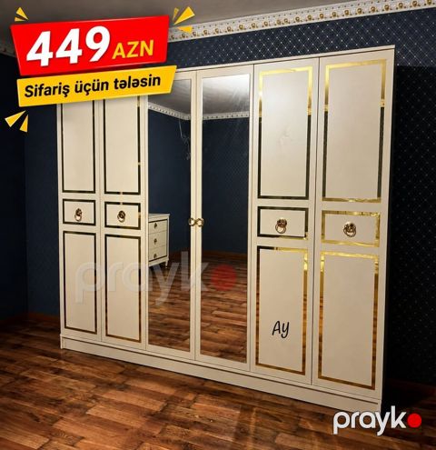Klassik üslubda 6 qapılı paltar şkafı - Rəng: krem (açıq bej) — Bakı