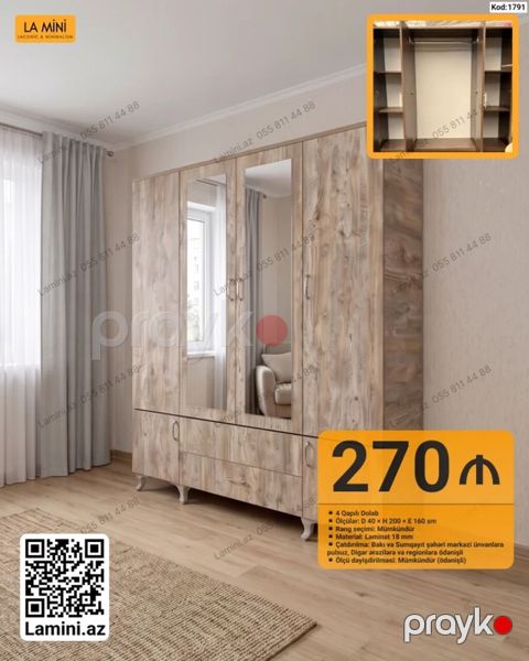 4 qapılı dolab – Kod: 1791 - Ölçülər: D 40 x H 200 x E 160 sm - Rəng — Bakı