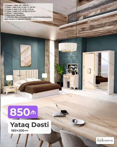 Yataq Dəsti – 160×200 sm (850 Komplekt: - Çarpayı: 1 ədəd, 160×200 — Bakı