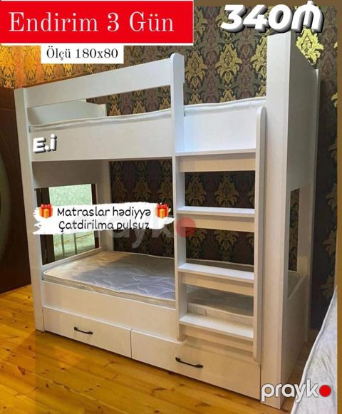 Ağ rəngli iki mərtəbəli uşaq çarpayısı - Ölçü: 180x80 - İnteqrə — Bakı