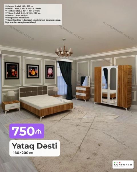 Yataq Dəsti – 160×200 sm Tərkibi: - Çarpayı: 1 ədəd, 160×200 sm — Bakı