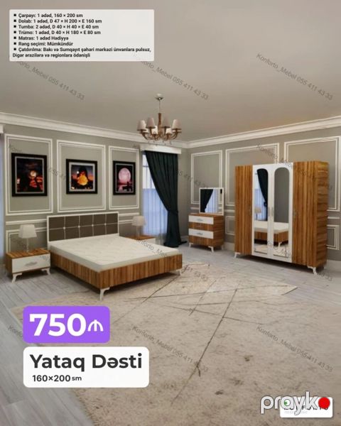 Yataq Dəsti – 160×200 sm Tərkibi: - Çarpayı: 1 ədəd, 160×200 sm — Bakı
