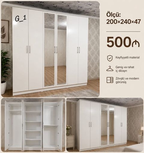 Ağ rəngdə 6 qapılı dolab – model G_1 - Ölçü: 200 240 47 sm — NM Mebel — Şkaflar