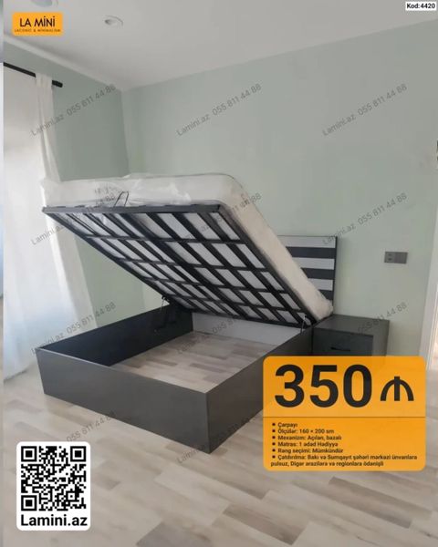 Çarpayı – açılan bazalı, başlıqlı model Ölçü: 160 200 sm — Bakı