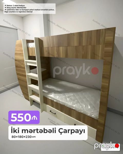 İki mərtəbəli çarpayı – 80×180×230 sm - Material: ağ və ağac — Bakı