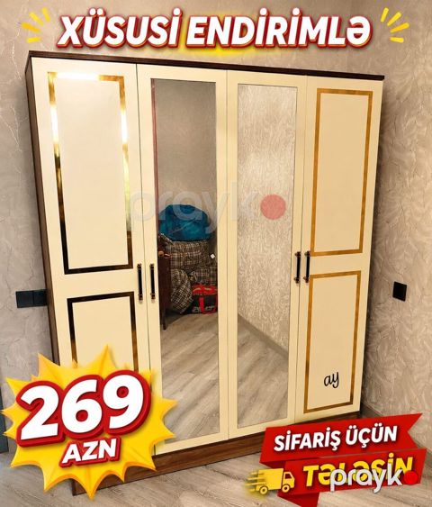 Dördkapılı paltar dolabı – xüsusi endirimlə - Korpus rəngi: krem — Bakı
