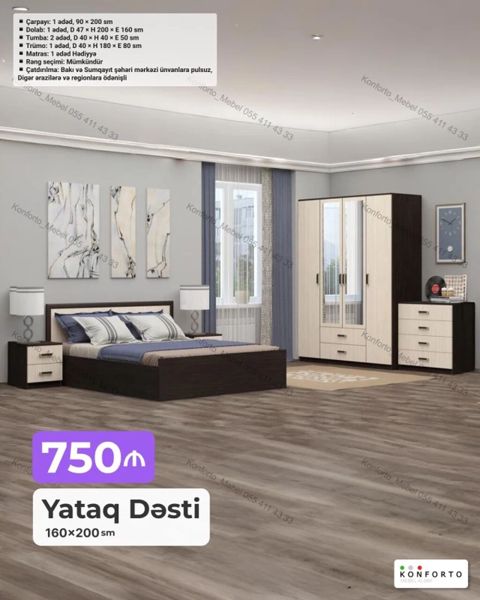 Yataq Dəsti – 160×200 sm Tərkib: - Çarpayı: 1 ədəd, 90×200 sm — Bakı