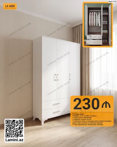 3 qapılı geyim dolabı - Model kodu: 1110 - Ölçülər: Dərinlik 47 sm — Bakı