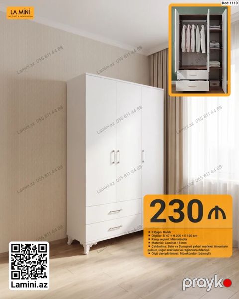 3 qapılı geyim dolabı - Model kodu: 1110 - Ölçülər: Dərinlik 47 sm — Bakı