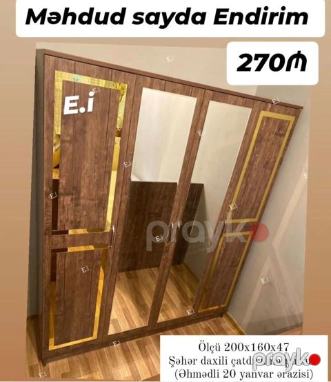 Üç qapılı geyim şkafı – güzgülü model - Rəng və material: Taxta — Bakı