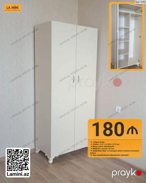 İki qapılı dolab - Ölçülər: Dərinlik 47 sm Hündürlük 200 sm En 90 — Bakı