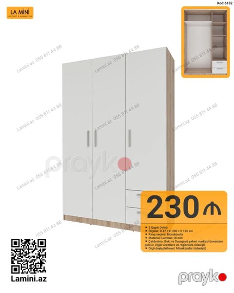 3 qapılı dolab – Kod: 6182 - Ölçü: D 47 x H 200 x E 120 sm — Bakı