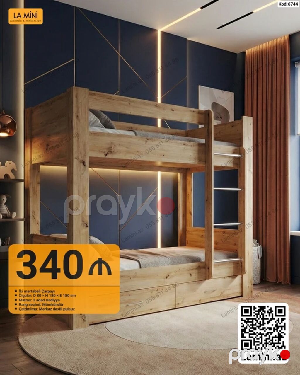İki mərtəbəli çarpayı – Kod: 6744 Material: Taxta konstruksiya — Yataqlar, Bakı (3)