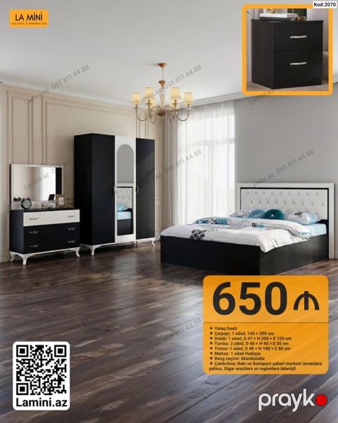Yataq Dəsti – Kod: 2070 Komplekt: - Çarpayı: 1 ədəd, 160 x 200 sm — Bakı