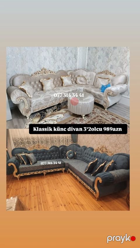 Klassik künc divan – 3×2 ölçü Model: klassik barok üslubunda, qızılı — Bakı