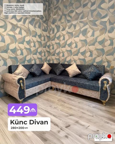 Künc Divan – 280×200 sm - Mexanizm: açılan, bazalı (yataq funksiyalı — Bakı