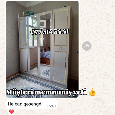 Dördkapılı paltar dolabı – güzgülü və zərif qızılı haşiyəli dizayn — Bakı