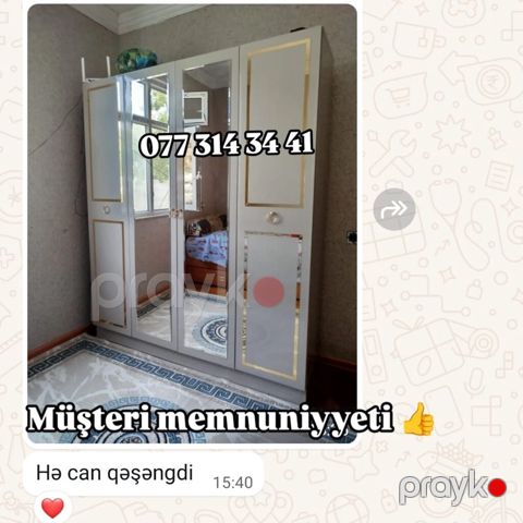 Dördkapılı paltar dolabı – güzgülü və zərif qızılı haşiyəli dizayn — Bakı