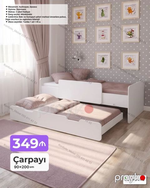 İki mərtəbəli sürüşən mexanizmli uşaq/yeniyetmə çarpayısı – 90×200 sm — Bakı