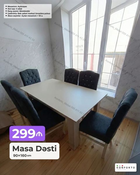 Məhsul: Masa Dəsti (90×160 sm) Təsvir: - 1 ədəd düzbucaqlı masa və 6 — Bakı