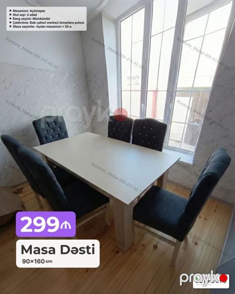 Məhsul: Masa Dəsti (90×160 sm) Təsvir: - 1 ədəd düzbucaqlı masa və 6 — Bakı