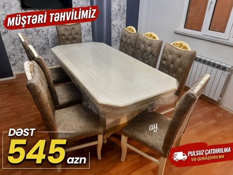 Yemək otağı dəsti – masa və 6 stul - Klassik dizaynlı, qızılı — Bakı