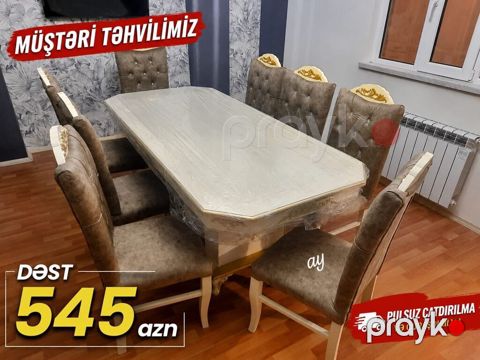 Yemək otağı dəsti – masa və 6 stul - Klassik dizaynlı, qızılı — Bakı