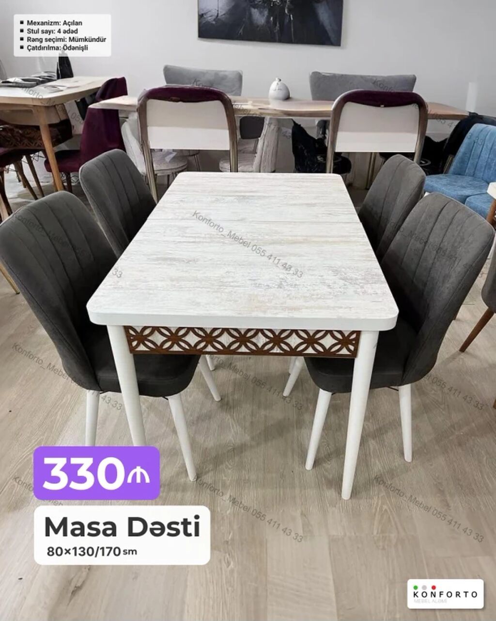 Masa Dəsti - Ölçü: 80×130/170 sm (açılan mexanizm ilə) - Stul sayı: 4 — Masalar və stullar, Bakı