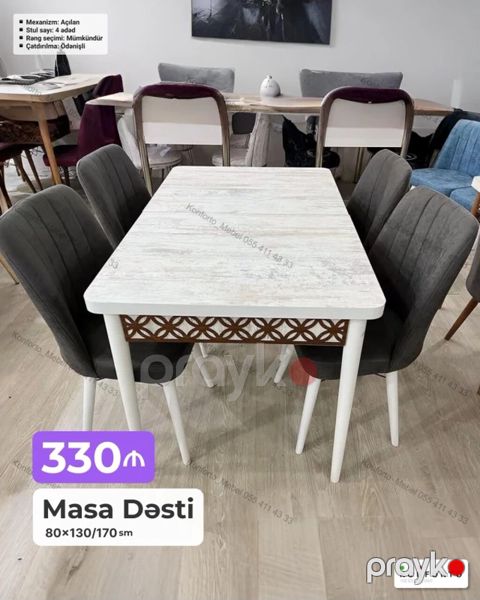 Masa dəsti – açılan mexanizmli, 4 ədəd stulla. Ölçülər: 80×130/170 sm — Bakı