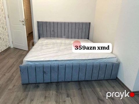 Yataq dəsti – başlıq və karkaslı çarpayı - Rəng: Boz (müasir, neytral — Mehdiabad