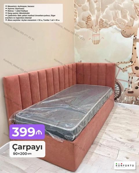 Çarpayı – 90×200 sm ölçüdə, bucaq formasında yumşaq başlıq və — Bakı
