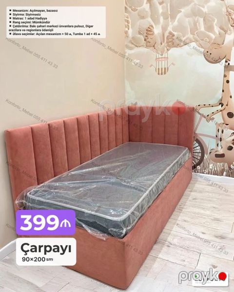 Çarpayı – 90×200 sm ölçüdə, bucaq formasında yumşaq başlıq və — Bakı